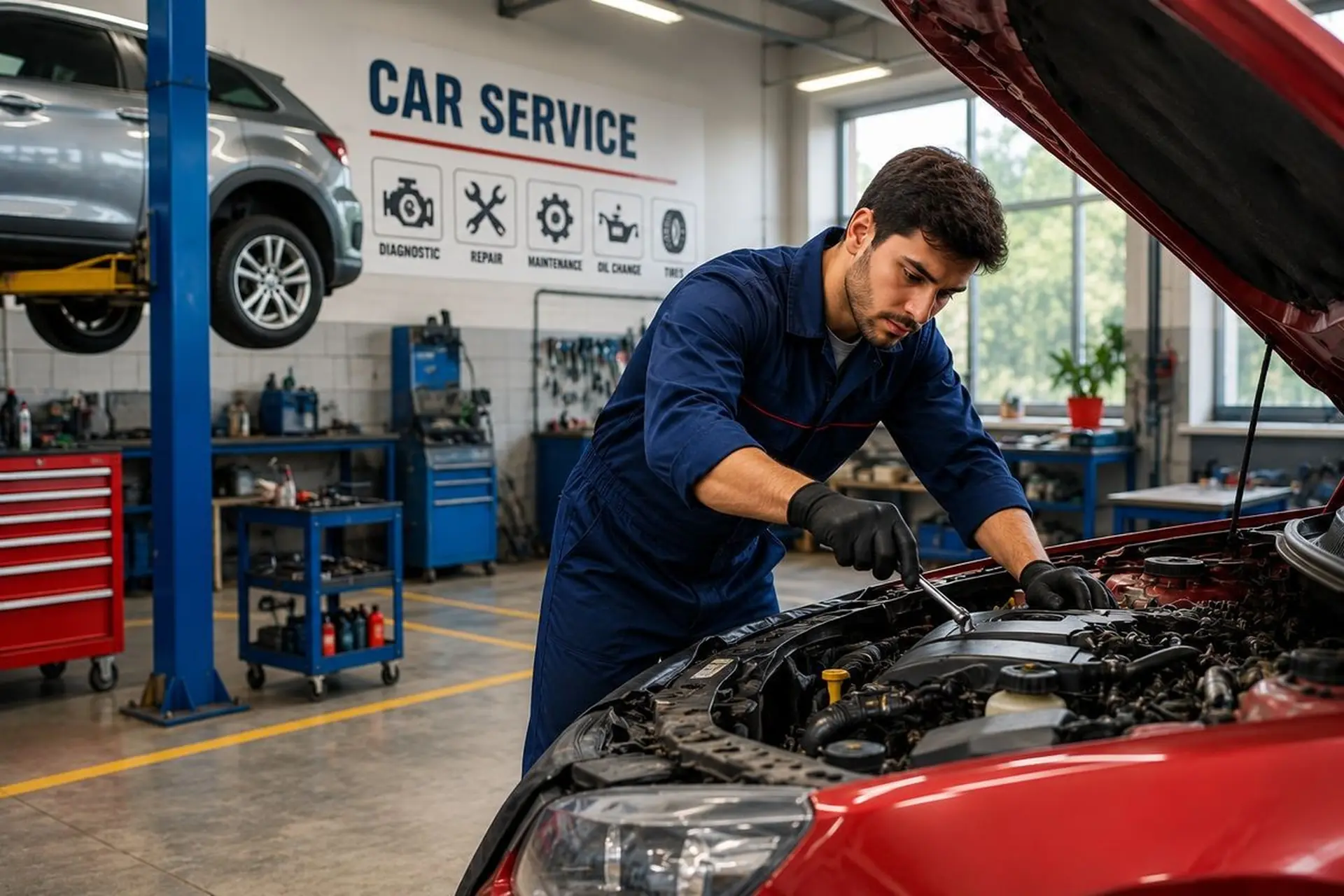 Car being serviced at a repair garage